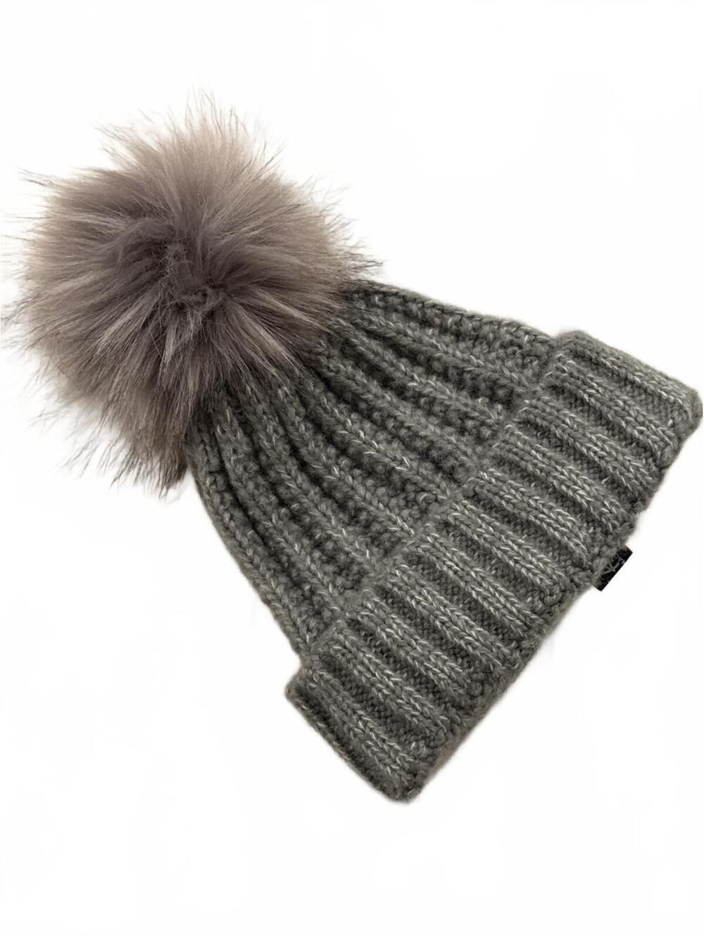 Kyi Kyi Knitted Women's Faux-Fur Pom Pom Beanie Hat Gray One-Size, $65